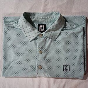 FootJoy Men's Golf Polo L Green with Blue Poka Dots EUC Letter K on Front